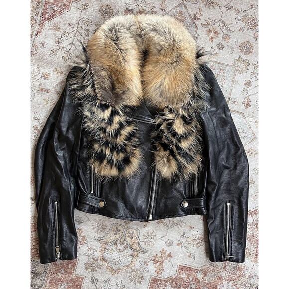 Linda Richards Jackets & Blazers - Linda Richards Genuine Fox Fur Leather Moto Jacket Zipper Coat Womens Size S